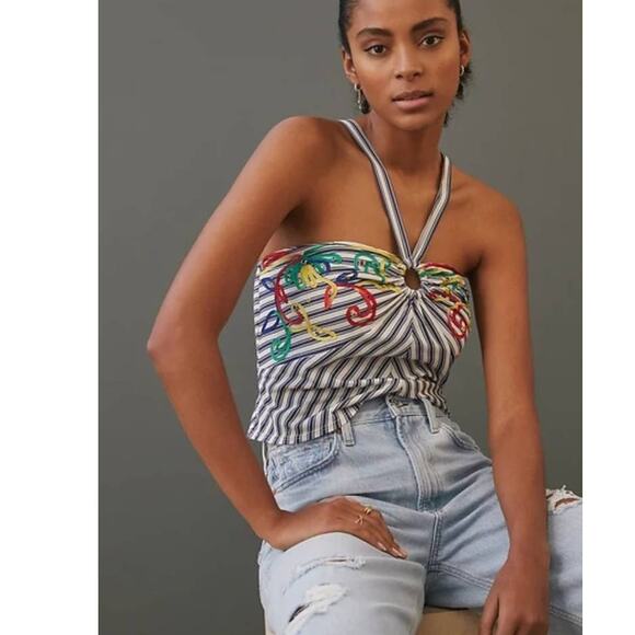New Anthropologie Avril Emroidered Striped Halter Top $110  MEDIUM  Blue - Picture 6 of 6